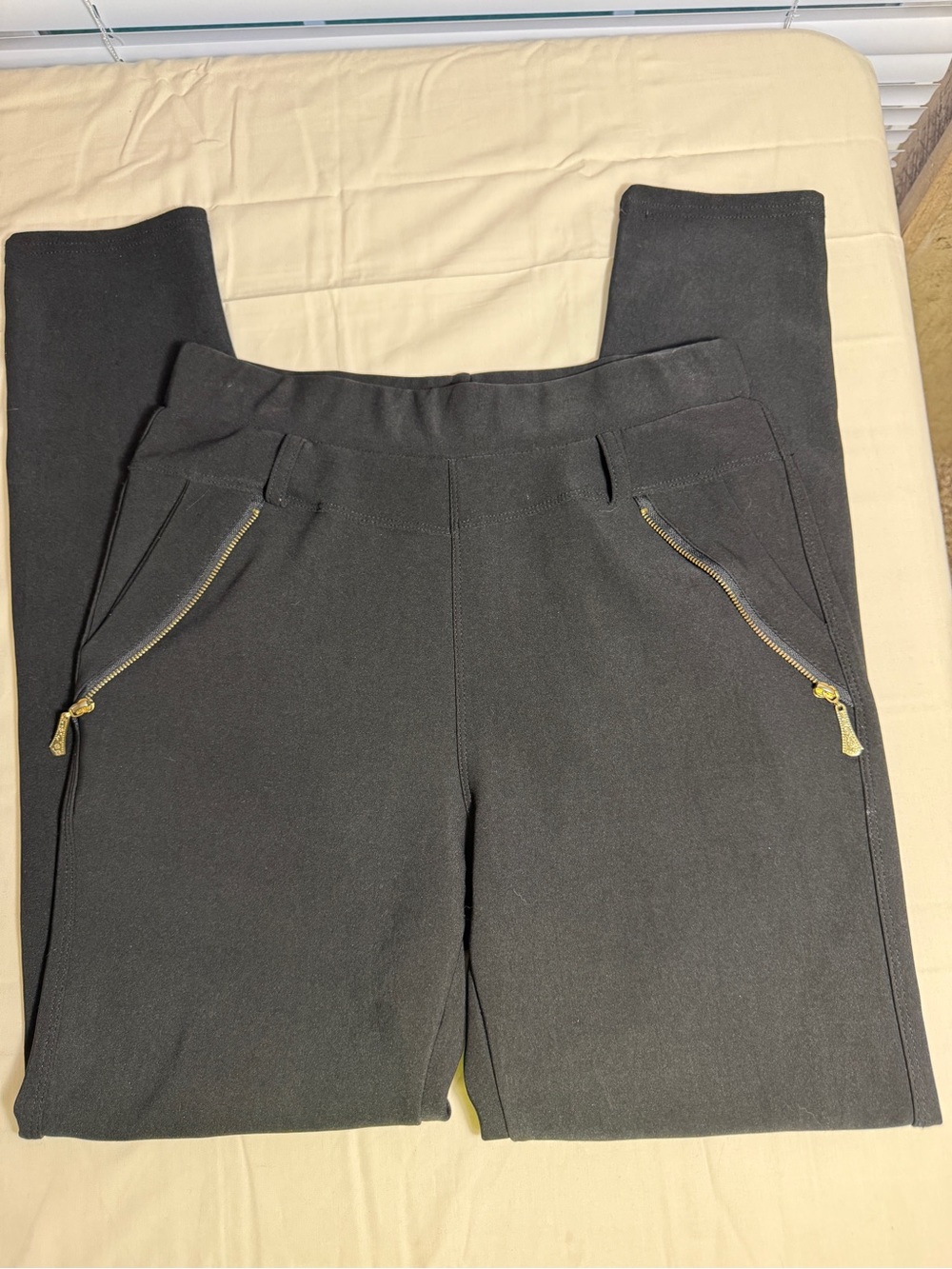 Black Stretch Ponte Pants with Gold Zippers